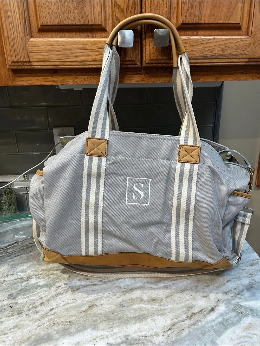 Pottery Barn Diaper Bag Grey S Monogram Kids Baby Duffle Tote Leather Classic.